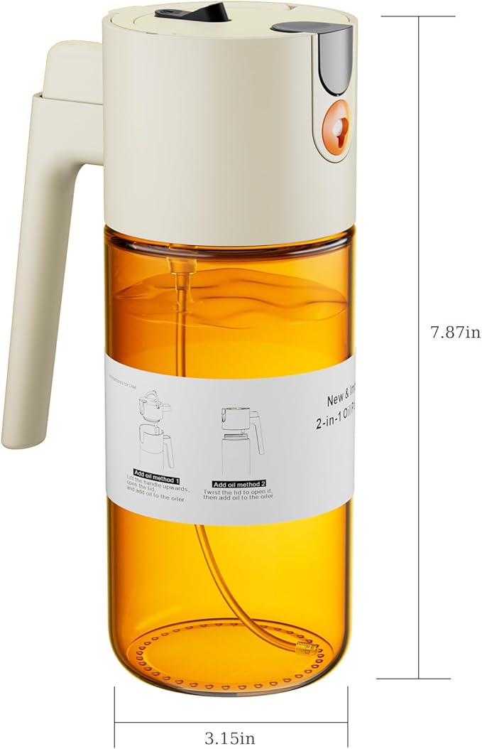 LAKUMIQI 2 in 1 Oil Sprayer for Cooking, 17oz Light-Blocking Glass Spray Bottle with Stickers, Oil Dispenser for Salad, Air Fryer & BBQ