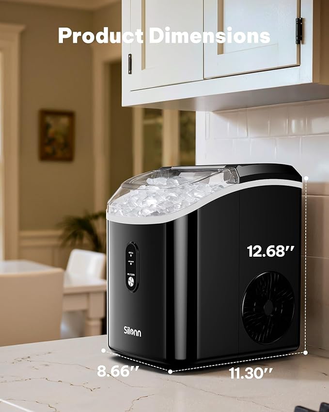 Silonn Nugget Ice Makers Countertop, 38lbs/24H Chewable Pellet Ice Machine with Self Cleaning Function, Portable Pebble Ice Maker with Ice Scoop for Home Kitchen Office, Black