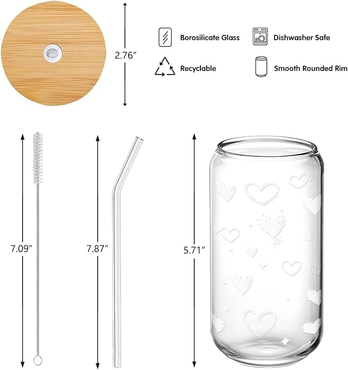 12pcs Glass Cups with Lids and Straws – 16oz Heart Pattern Drinking Glass Set – Reusable Iced Coffee Cups with Bamboo Lids, Glass Straws & Brushes – Party Drinkware for Girls, Roommates, Family