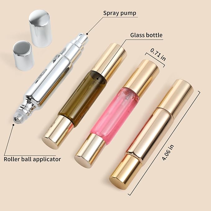 2-in-1 Refillable Perfume Bottle 10ml (4 Pack), Dual-Head Spray & Roller Design, Leakproof Travel Glass Atomizer for Perfume, Cologne and Essential Oils