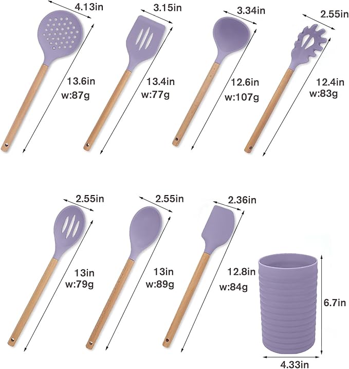 Silicone Kitchen Utensil Set,8 Pieces Cooking Kitchen Utensils Set with Wooden Handle,Non Stick Silicone Gadgets Utensil Set with Holder,Heat Resistant Cooking Tools Set for Cooking (Purple)
