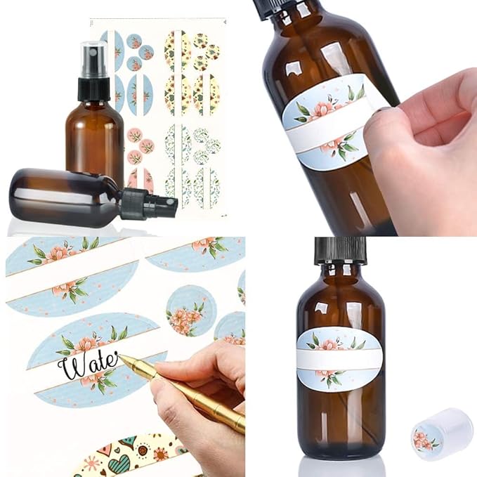 STARSIDE 4 oz Amber Glass Spray Bottles (12 Pack) - Leak Proof Fine Mist Sprayer for Face, Hair, Essential Oils - Includes Funnels, Droppers, Labels & Brush