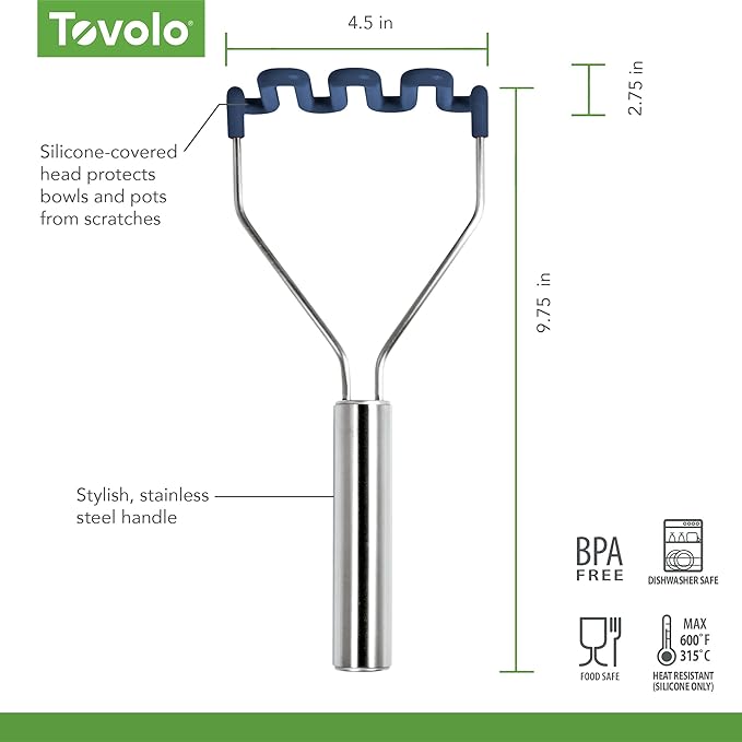 Tovolo Silicone Potato Masher Stainless Steel Handle Deep Indigo Dishwasher Safe Heat Resistant Non Scratch Handheld Coil Wire Potato Smasher for Nonstick Pans Ergonomic Kitchen Food Prep Tool