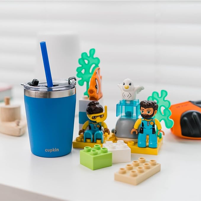 CUPKIN Stackable Stainless Steel Kids Cup Smoothie Tumbler, Powder Coated Insulated Tumblers, BPA Free Lid and Silicone Straw 8 Fl Oz (Pack of 1), Blue