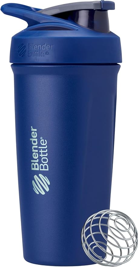 BlenderBottle Sport Shaker Cup Insulated Stainless Steel Water Bottle with Wire Whisk, 24-Ounce, Full Color Blue