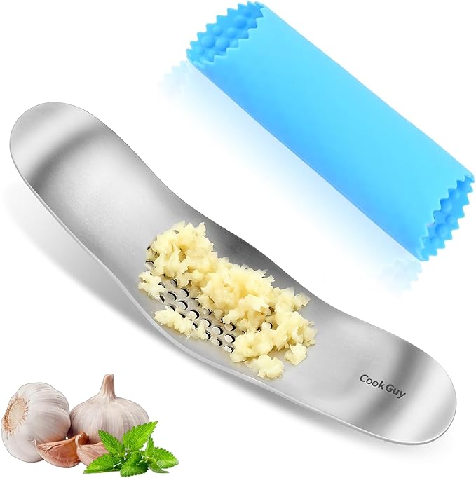 Cook Guy Garlic Press Rocker Set -304 Stainless Steel Premium All-Steel Garlic Mincer, Crusher, Peeler, and Scraper Tool for Effortless Mincing –Dual-Handle Garlic Grinder(B0201)