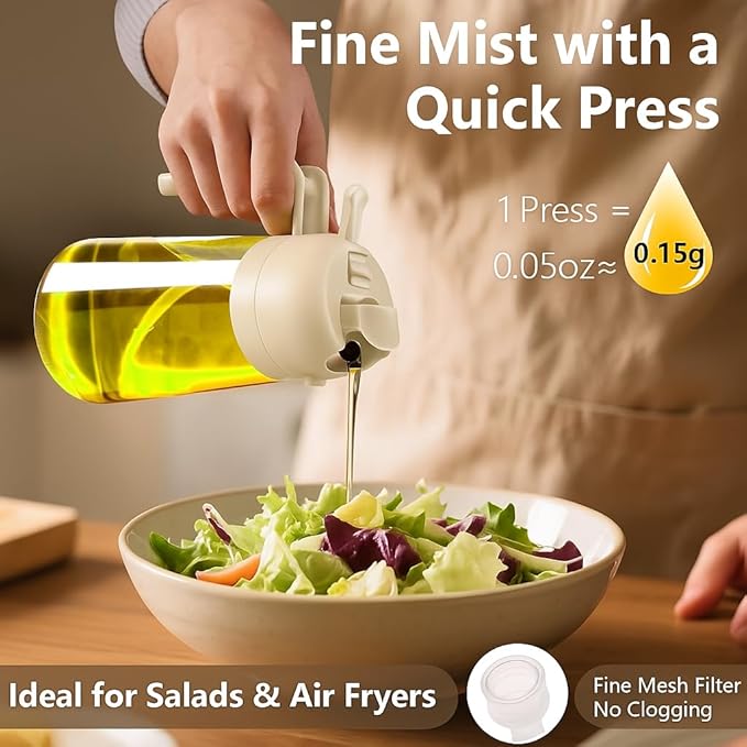 2 in 1 Olive Oil Sprayer & Dispenser Bottle – 470ml/16oz Glass Spray and Pour Oil Bottle for Cooking, Air Fryer, Salad, BBQ – Kitchen Gadgets & Accessories (White)