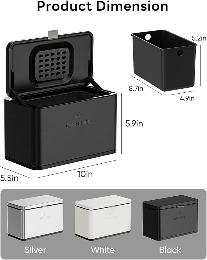Kitchen Mini Compost Bin, 4L/1G Small Trash Can with Lid, Slim Stainless Steel Hanging Garbage Bin for Kitchen, Bathroom, Bedroom, Office, Wall Mounted Compost Bin with Inner Bucket, Black