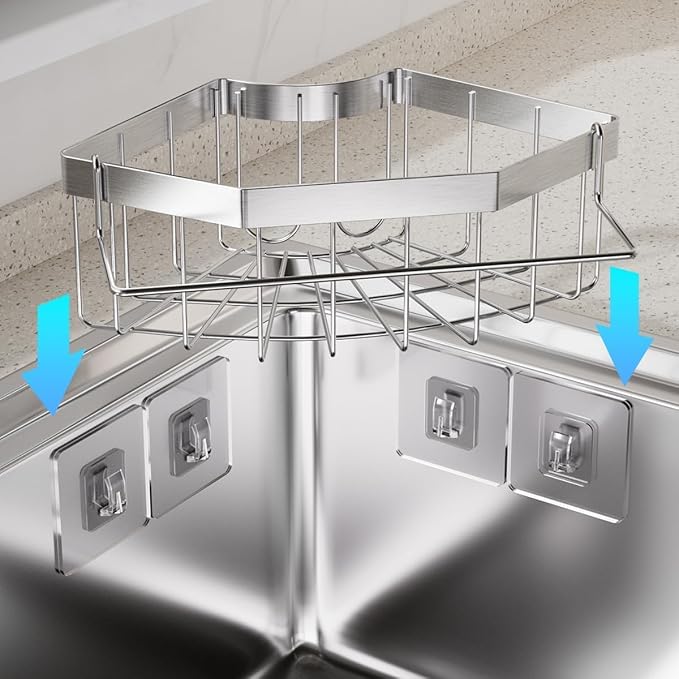 Corner Sink Organizer, Silver Stainless Steel Sponge Holder with Towel Bar, Self-Adhesive Kitchen Storage Rack
