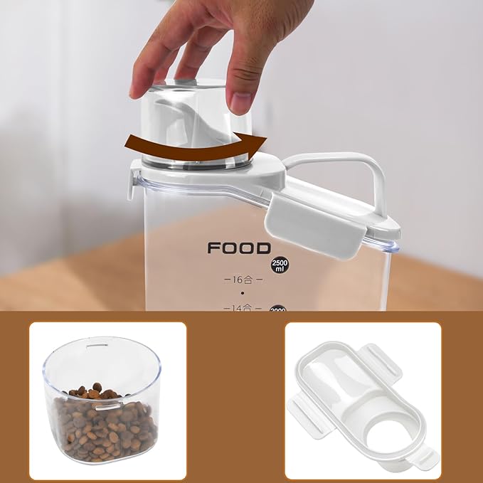 Dog Food Storage Container, Pet Food Container with Airtight Pour Spout, Cat Food Storage Container with Measuring Cups, Portable Pet Food Container for Dogs, Cats, Birds(White)