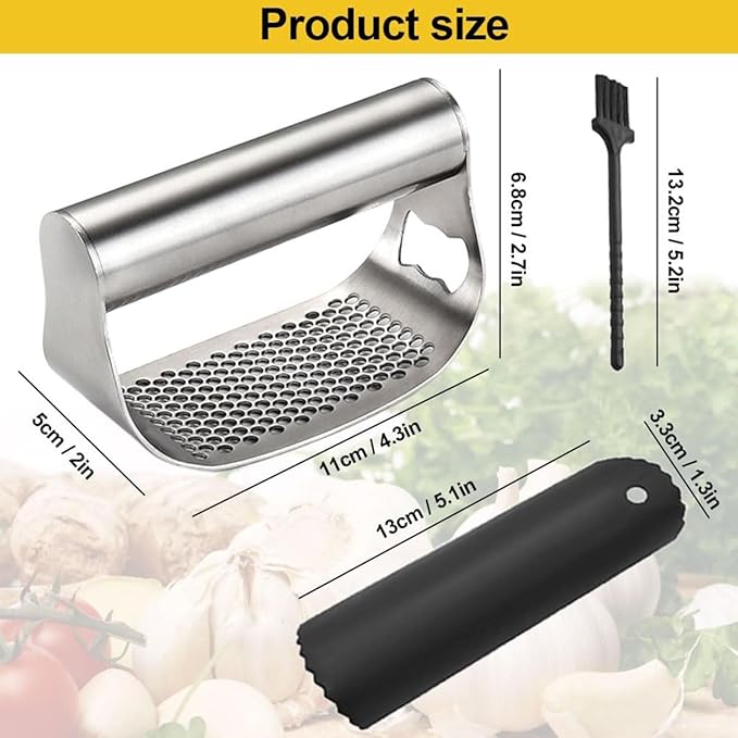 Garlic Presses,Stainless Steel Garlic Presser, Garlic Press Rocker Heavy Duty Stainless Steel Garlic Mincer, Garlic Chopper with Peeler And Cleaning Brush for Smash Garlic Kitchen Tools(2Set)