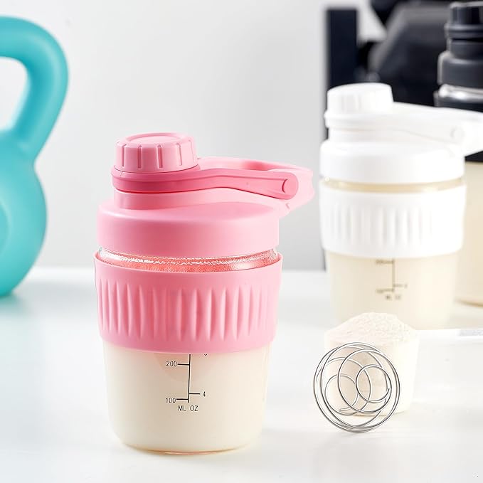 12oz Glass Shaker Bottle for Protein, Small Borosilicate Glass Protein Powder Leak-Proof Shaker Cup Mixes with 304 Blending Ball(12oz,Pink)