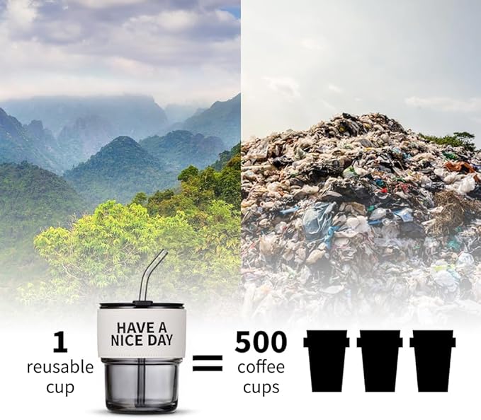 BLUEPOLAR 13oz/400ml Glass Water Tumbler with Straw and Lid Sealed Carry on Thick Wall Iced Coffee Cup for Water, Iced Tea, Fruit Juice (Have a Nice Day)