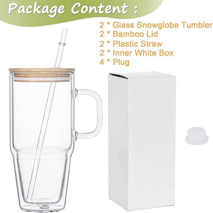 32 Oz Glass Snow Globe Tumbler Cup With Handle, Pre-Drilled Double Wall Glass Coffee Mug For Snow Globe Diy Glitter