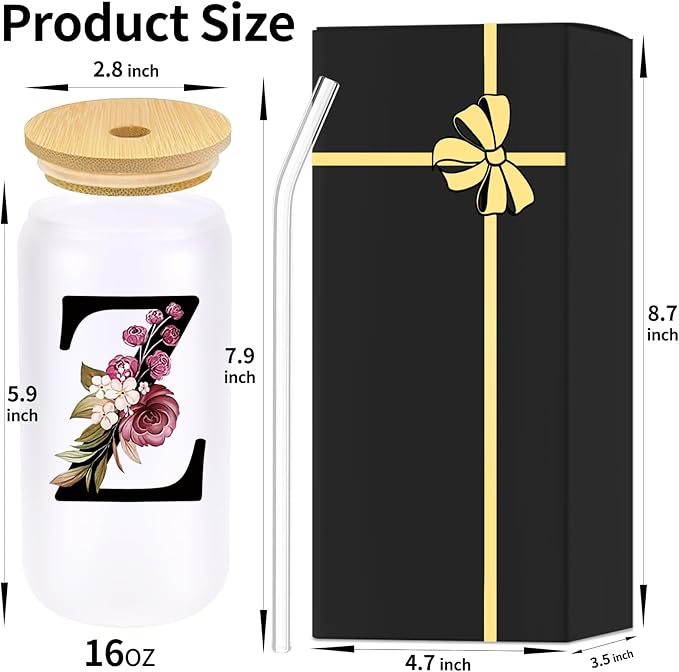 Wulcea Monogrammed Glass Drinking Cup With Lid Straw Women Men Teacher Female Male Preschool Kindergarten Pre K Prek Middle High School First Year 1st 2nd 3rd 4th 5th Grade Gifts,Z