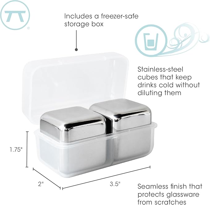 Outset Stainless Steel Ice Cubes, Set of 2 Reusable Metal Whiskey Stones with Store Box, 1.57"