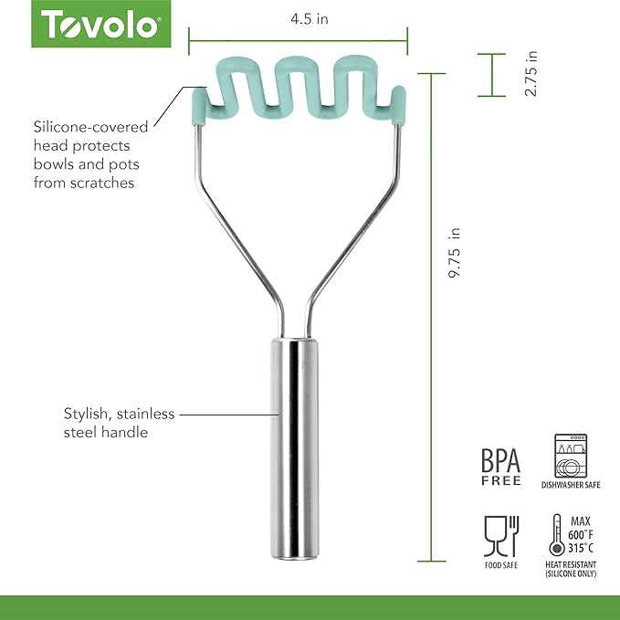 Tovolo Silicone Potato Masher Stainless Steel Handle Aqua Seafoam Green Dishwasher Safe Heat Resistant Non Scratch Handheld Coil Wire Potato Smasher for Nonstick Pans Ergonomic Kitchen Food Prep Tool