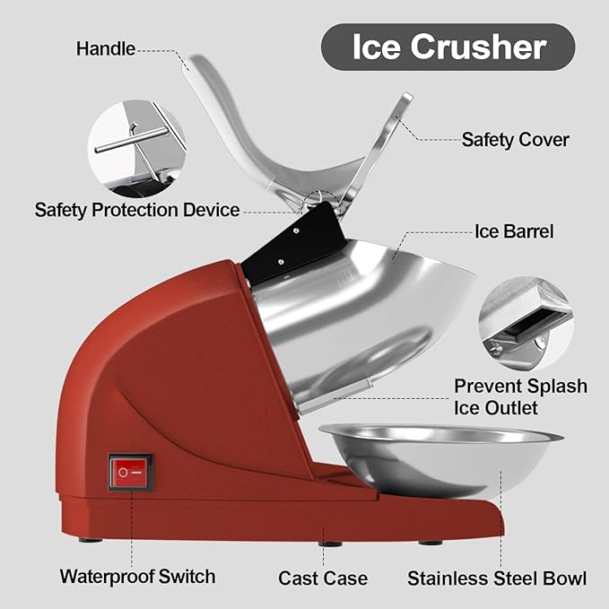 Shaved Ice Machine 380w Snow Cone Machine 3 Stainless Steel Blades Ice Shaver Machine Electric Ice Crusher 280lbs/hr Snow Cone Maker for Home and Commercial with Ice Pick(Red)