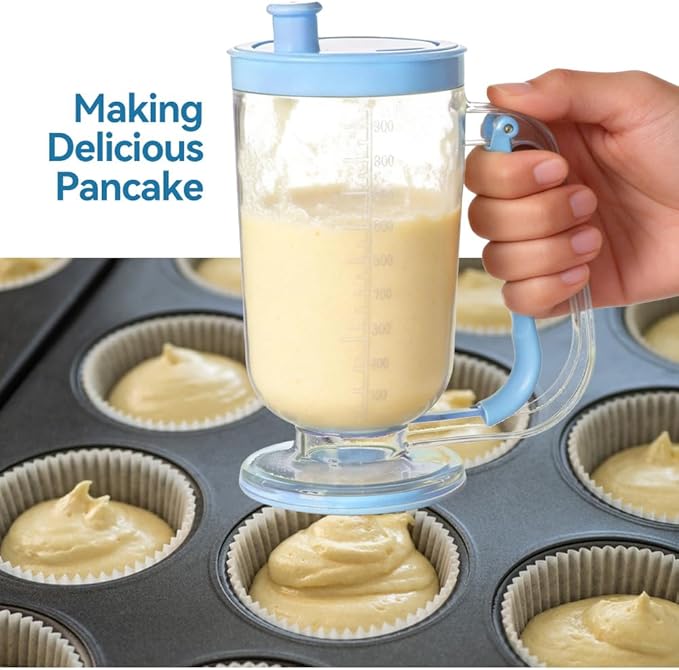 Pancake Batter Dispenser with Built-in Mixer Handle - No-Drip Handheld Funnel for Pancakes, Baking, Waffles, Cupcakes & Muffins - Easy Squeeze Baking Tool for Perfect Portions