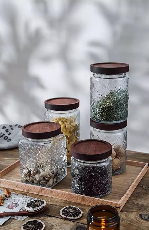 Custde Glass Storage Jars With Airtight Lid, 35oz Container For Kitchen Counter with Wooden Lid, brown sugar, candy, coffee, cookie, salt, tea, cute Jar (35oz Large Sunflower)