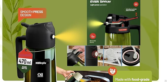 16oz/470ml Glass Olive Oil Sprayer for Cooking - 2 in 1 Olive Oil Dispenser for Kitchen Gadgets, Air Fryer, Salad, and BBQ (beige)