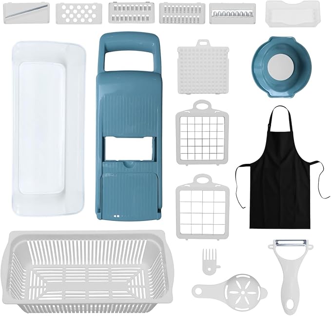 Kalmat Dynamics Food Chopper and Vegetable Slicer, 16-in-1 Multi-Function Kitchen Chopper with 7 Blades and Container, Free Black Cooking Apron (Blue+white)