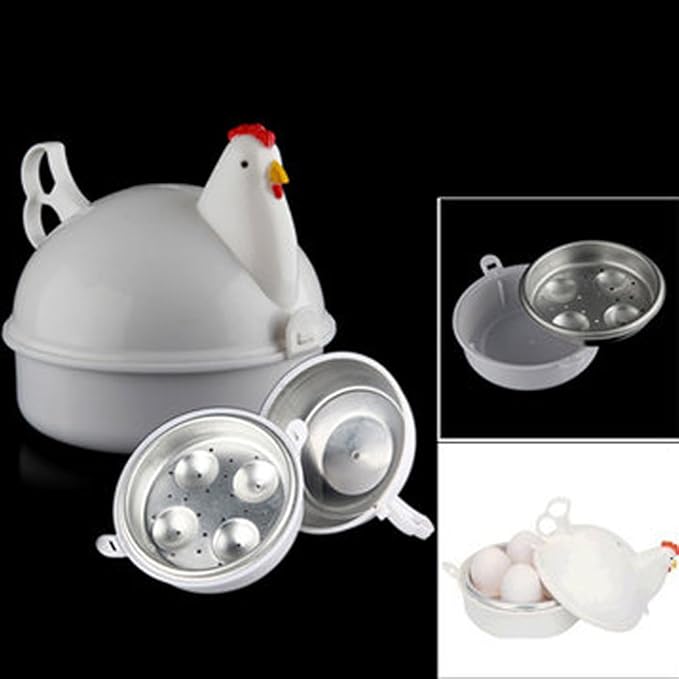 Microwave Egg Boiler,4 Eggs Boiler Cooker with Lid for Soft/Hard Boiled Eggs Chicken-Shaped Design Egg Poacher Cooking Kitchen Tools(COLOR:White)