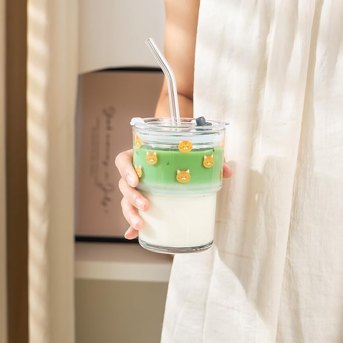Olvini 13oz Glass Tumbler with Straw and Lid, Reusable Iced Coffee Cup Tumbler, Cute Glass Cups for Water, Matcha, Travel Coffee Mugs (Cute Cat - 13oz)