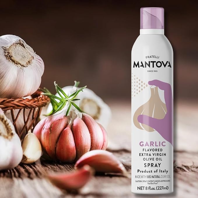 Mantova Extra Virgin Olive Oil Spray Garlic Flavored 8 oz. Spray Bottle - Manage Oil Amount - Great For Salads & Cooking