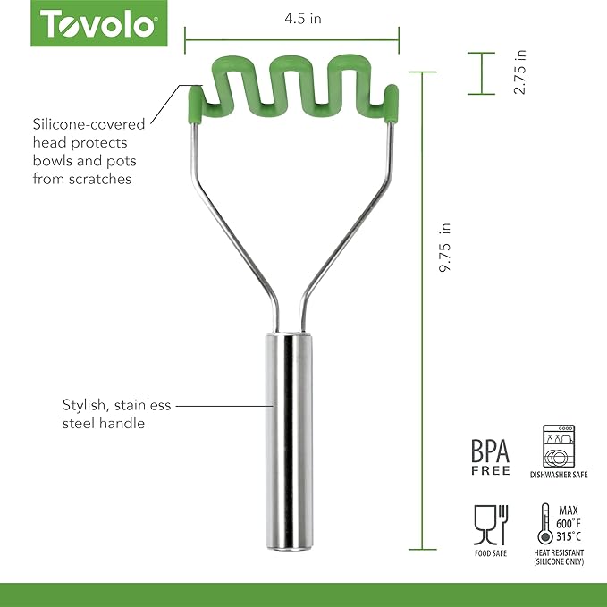 Tovolo Silicone Potato Masher Stainless Steel Handle Pesto Green Dishwasher Safe Heat Resistant Non Scratch Handheld Coil Wire Potato Smasher for Nonstick Pans Ergonomic Kitchen Food Prep Tool