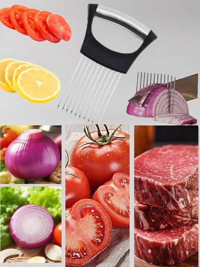 Onion slicer, lemon slicer, stainless steel onion cutter for slicing potatoes, onions, tomatoes, eggs, fruits, vegetables and meat, with protective cover (2)