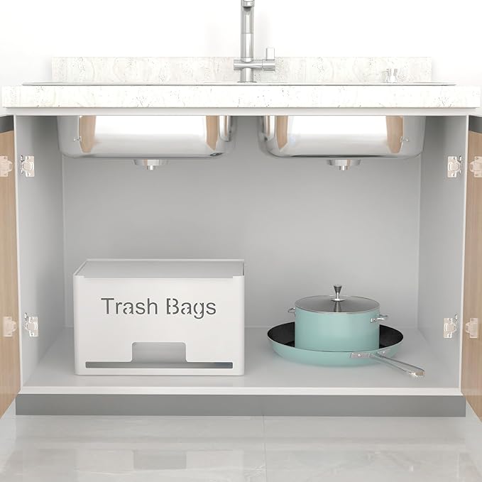 STWWO Large Trash Bag Holder Dispenser, Metal Garbage Bag Dispenser Roll Holder, Kitchen Trash Storage Organizer for Under Sink, Wall Mounted or Countertop, White