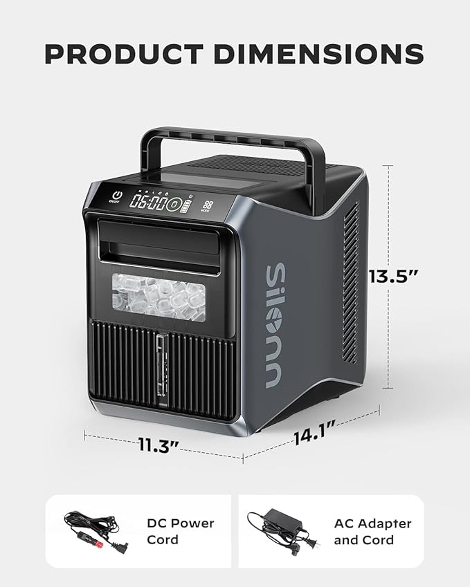 Silonn Portable 4-Power Ice Maker - 9 Cubes in 6 Mins, 22lbs/Day | 12V/24V Car & 100-240V AC Solar-Ready, Auto-Clean Countertop Ice Machine for Camping, RV, Home & Outdoor (No Plumbing Needed)