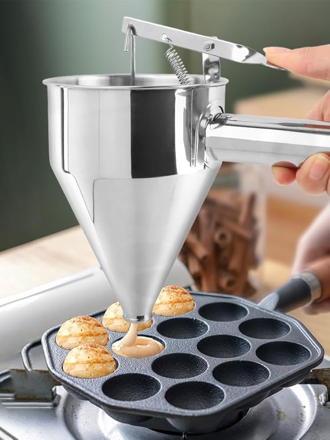 Pancake Batter Dispenser, Stainless Steel Funnel Cake Dispenser with with Squeeze Handle & Stand for Cupcakes, Pancakes, Takoyaki, Waffle and Baked Goods(Size:L,1200ml)