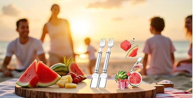 2 PCS Stainless Steel Watermelon Cutter and Fork Slicer Set 2-in-1 Fork Cutter and Fruit Slice Tool Watermelon Fork Slice Cutter Tool for Easy Cut Kitchen Gadget For Camping