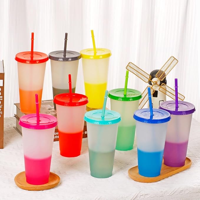 Color Changing Cups, 9 Pack 24oz Plastic Tumblers, Reusable Iced Coffee & Smoothie Cups with Lids and Straws for Parties and Travel (9, White)
