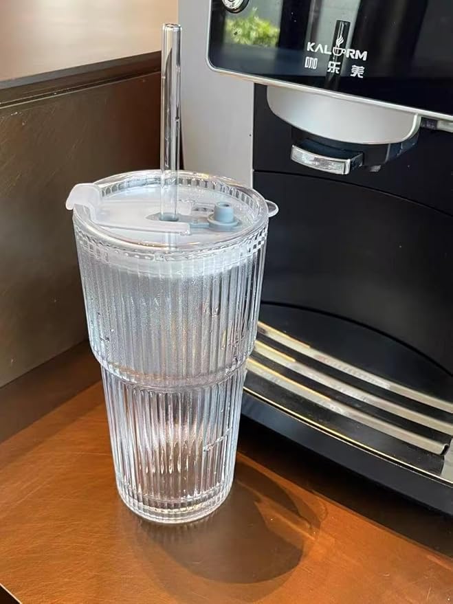 20oz Ribbed Glass Tumbler with Straw & Lid – 2 Pack Iced Coffee Cups,Glass Mug for Cold & Hot Beverages Travel Cup for Smoothies, Tea, and Juice