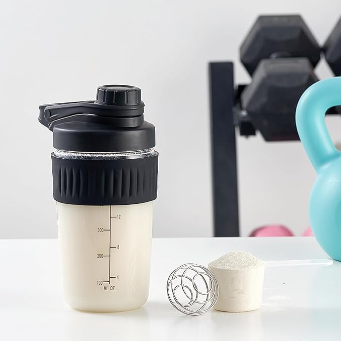16oz Glass Shaker Bottle for Protein, 2 Pack Small Borosilicate Glass Protein Powder Leak-Proof Shaker Cup Mixes with 304 Blending Ball(16oz,Black)