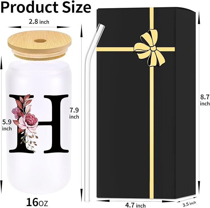 Monogrammed Glass Drinking Cup With Lid Straw Brides for Her Wedding Day Bridal Shower Bachelorette Party Engaged Engagement Cute Personalized Unique Cool Special Customized Best Present Gifts,H