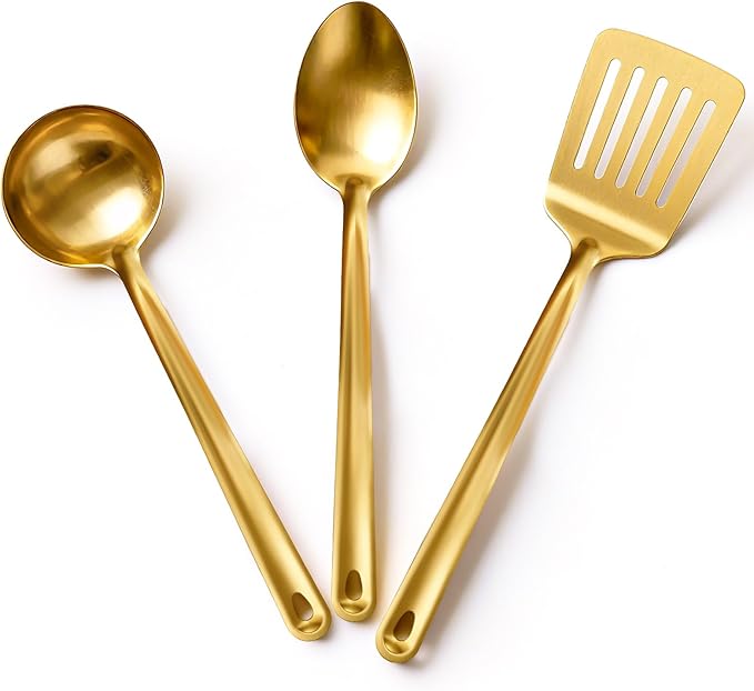 Kitchen Cooking Utensils Set, 3 pcs Stainless Steel Cooking Utensils Spatula Set with Titanium Gold Plating, Kitchen Gadgets Utensil Set