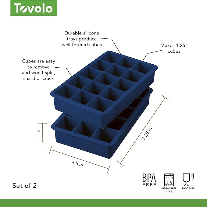 Tovolo Silicone Ice Cube Tray Deep Indigo Pack of 2 BPA Free Ice Tray Mold for Coffee Drinks Cocktails, Dishwasher Safe Easy Release Perfect 1 Inch Cube Ice Tray for Whiskey Bourbon Spirits