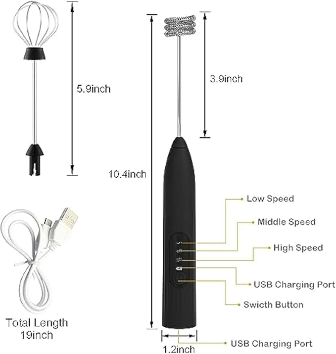 Milk Frother, Rechargeable Electric Foam Maker,Handheld Mixer with Stainless Steel Whisk, Portable Drink Mixer for Coffee Latte Cappuccino, Charging USB-C,Black