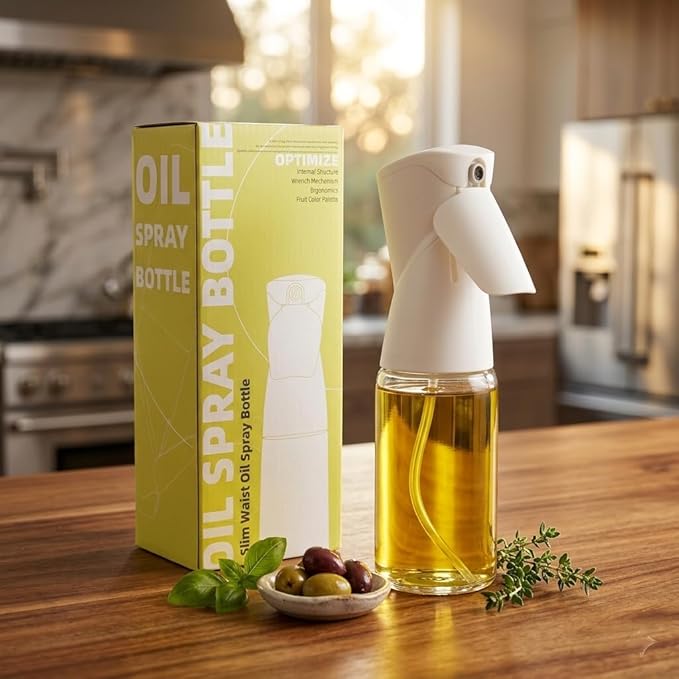 Oil Sprayer for Cooking, Upgraded 7.4oz Olive Oil Sprayer Mister, Large Olive Oil Spray Bottle for Air Fryer, Salads, BBQ & Kitchen, Professional Oil Sprayer with Even Mist(White)