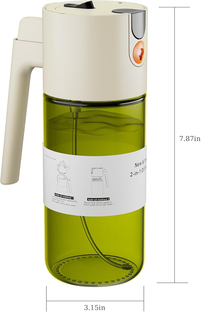 LAKUMIQI 2 in 1 Oil Sprayer for Cooking, 17oz Light-Blocking Glass Spray Bottle with Stickers, Oil Dispenser for Salad, Air Fryer & BBQ