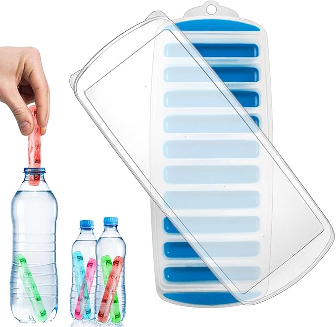 Resusable Silicone and Plastic Water Bottle Ice Mold, Easy-Release Long Ice block Maker for Chilling Whiskey, Cocktails, Coffee, Makes 10 Sticks at Once(Blue)