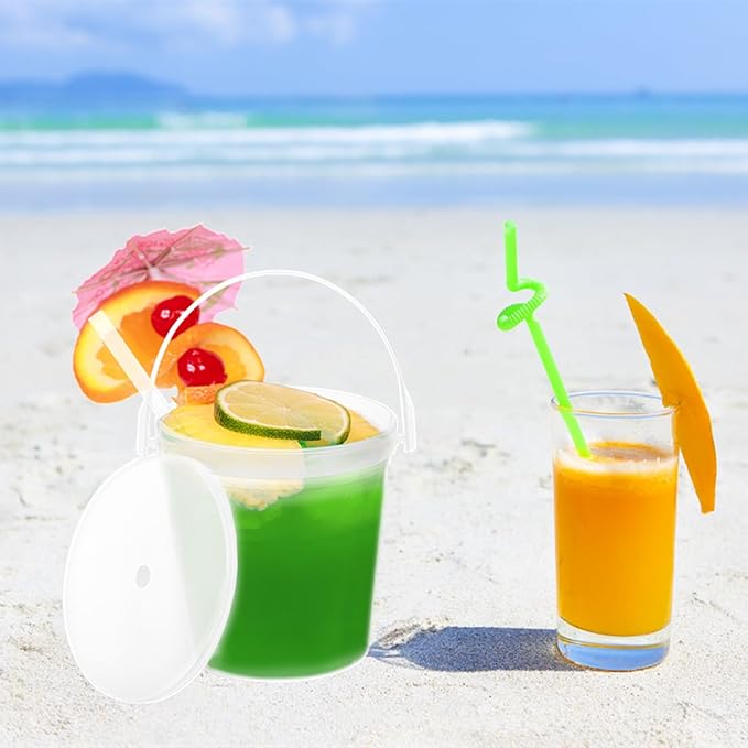 20 Pack Plastic Rum Buckets for Drinks, 32OZ Cocktail Buckets with Lid and Straw, Reusable Smoothie Bucket, 1Liter Large Ice Cream Pails for Halloween Football Parties Bar