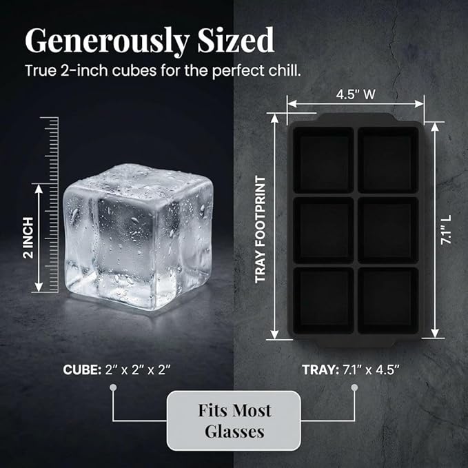 KitchFort Large Silicone Ice Cube Tray (2-Pack), Easy Release 2" Big Ice Cubes - Cocktail, Whiskey Ice Cubes Mold - Ice Trays for Freezer with Lid - Stackable Silicone Ice Tray - Black