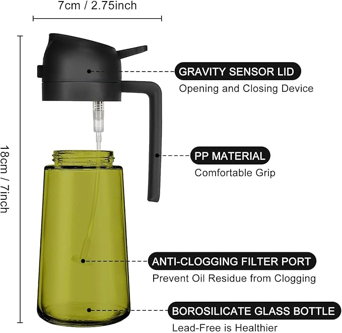 2 In 1 Oil Dispenser And Oil Sprayer, 16 Oz/470 Ml Oil Dispenser For Kitchen Spray, With Fine Mist Nozzle, Suitable For Cooking, Air Fryer, Salad, Grilling(black-1)