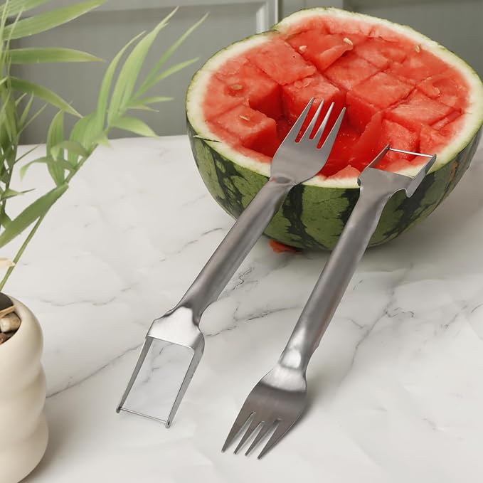 KAYCROWN Stainless Steel Watermelon Fork Slicer, 2-in-1 Quick Cutting Dual Head Watermelon Cutter Fork, Portable Hanging Fruit Forks Slicer for Home Party Camping Kitchen Practical Gadget, Pack of 2