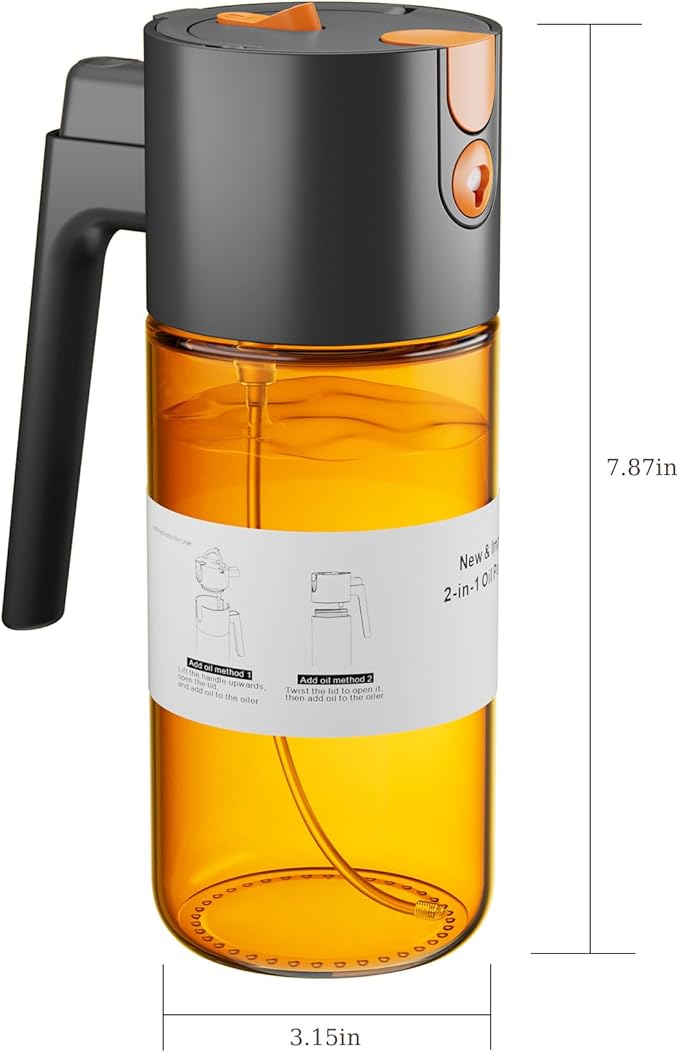 LAKUMIQI 2 in 1 Oil Sprayer for Cooking, 17oz Light-Blocking Glass Spray Bottle with Stickers, Oil Dispenser for Salad, Air Fryer & BBQ